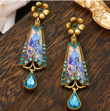 EARRINGS-Mid-Century Vintage Style Enamel Painted Floral Tassel Studded Earrings picture