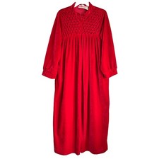 Vtg Red Velour Embroidered Zip Front Gown Housecoat Dressing Loungewear picture