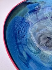 Vintage Josh Simpson New Mexico Glass Bowl Blue Red Edge Large 11.25” Diameter picture