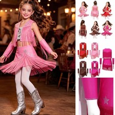 US Girls Cowgirl Outfits Western Fringe Top Bohemian Skirt And Oversleeves Party picture