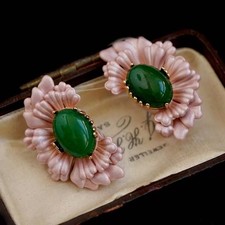 Vintage Green Cabochon Pink Floral Earrings Gold Tone Statement picture
