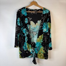 Additions by Chico's Cardigan Women Size 3 Black Turquoise Floral Tie Front Top picture