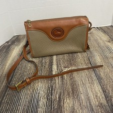Vtg Dooney & Bourke AWL Crossbody Shoulder Bag Small Taupe/Brown Trim Zip Top picture