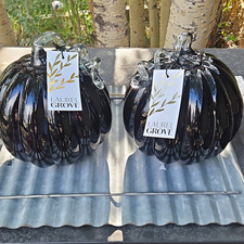 Laurel Grove Glossy Black & Clear Glass Pumpkin Halloween Centerpiece Decor 2pck picture