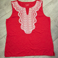 Talbots Women's M Red/White Cotton Knit Embroidered Split Neck Tank Top picture
