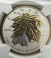 2014 Canadian Maple Leaf 🍁 Five Dollar 24k Gold on Silver Reverse PF70 Proof picture