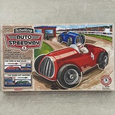 Vintage Schylling AUTO SPEEDWAY Tinplate Clockwork Race Car Set Complete w/Box picture