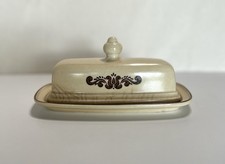 Vintage Pfaltzgraff USA Covered Butter Dish Beige Brown Scroll Design Stoneware picture