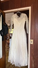 Vintage 1950s Floral Lace Wedding Dress Long Sleeve Basque Waist Pleated Tulle X picture