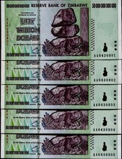 5x2008 50 TRILLION DOLLARS ZIMBABWE BANKNOTE, AA P-90 GEM UNC 50 TRILLION SERIES picture