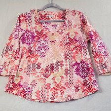 Chico's Women's M/L Geometric V-Neck 3/4 Sleeve Knit Top Pink Purple Button picture