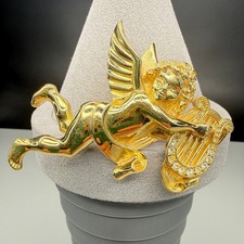 Vintage Givenchy Cherub Brooch Gold Tone Rhinestone Lyre Angel Whimsical 2.5