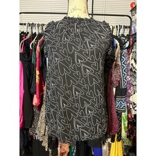 LOFT Black & White Ruffle Neck Heart Print Blouse picture