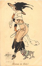 H71/ Interesting Postcard c1910 Art Deco Woman Large Hat Dog French 27 picture