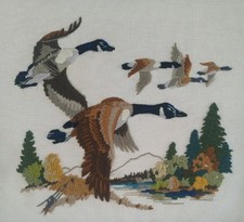 Vtg Sunset 2455 Crewel Needlework GEESE Tapestry Art Needlepoint Unframed 16x20