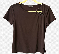 INC International Concepts Womens M Black Solid Knit Round Neck Ring Accent Top picture