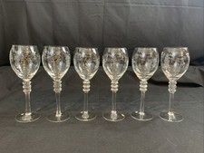6 - Vintage Etched Wine Glasses - Hand Made - Grapes / Birds Or Flowers - 3 Ball picture