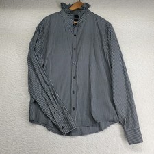 Upcycled  Women's Striped Top Large Ruffle Collar Black Gray Button-Up Reworked picture