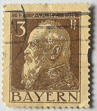 Bavaria (Bayern) Germany 3 Pf Brown Used Postage Stamp Royalty Handstamped picture