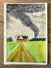 ACEO ORIGNAL Watercolor Storm Tornado Landscape House Painting picture