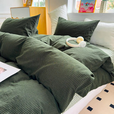 Olive Green Striped Duvet Cover Set, 100% Cotton, 3-Piece Queen Bedding picture