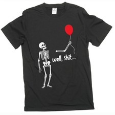 Skeleton Holding Red Balloon funny Halloween sarcastic Tee Shirt picture