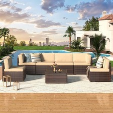 7 PCS Outdoor Patio Furniture Set, PE Rattan Wicker Sofa Set w/ Coffee Table picture
