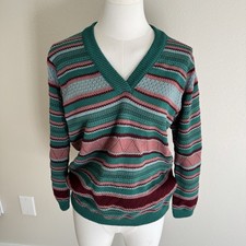 Vintage James Kenrob Knit V-neck Striped Sweater Green Pink Cottage Retro Sz M picture