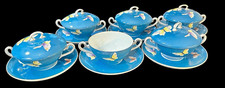 OLD NORITAKE RISING SUN SET OF 6 CREAM SOUPS & LIDS W/ SAUCERS TAISHO BUTTERFLY picture