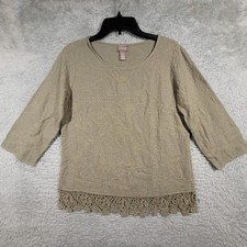 Chicos 0 Blouse Women S 4 Sage Green Embroidered Floral Crochet Lace Hem 3/4 Slv picture
