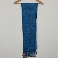 Casa Flor Ixcaco Jessica Canajay Scarf Navy Blue Cotton Silk Fringe Hem Womens picture