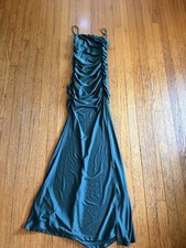 Lovely Day Dress Womens Medium Green Ruched Bodycon Jersey Spaghetti Strap Maxi picture