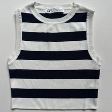 Zara Knit Tank Top Womens M Black White Striped Crop Sleeveless Preppy Coastal picture