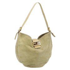 FENDI Mamma Baguette Shoulder Bag Suede Beige Gold Auth ARZ775 picture