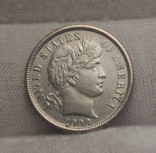 1908 P Silver Barber Dime AU Coin 10c US Type Coin Almost Uncirculated B-8dbx picture