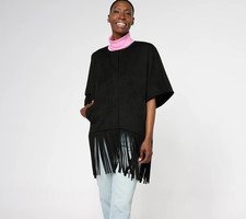 Dennis Basso Faux Suede Shawl Jacket w/Fringe & Pockets - Women's S - Black picture