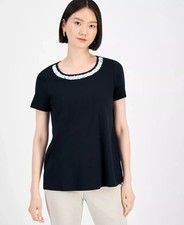 JM Collection Women's Top Sz S Cotton Beaded-Neck T-Shirt picture