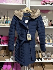 NWT $398 Abercrombie & Fitch DOWN FILLED Winter Coat Y2K Faux Fur Hood Navy XS/S picture