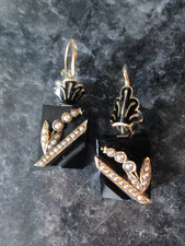 ANTIQUE VICTORIAN MOURNING SEED PEARL BLACK ONYX DANGLE EARRINGS SOLID GOLD picture