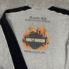 Harley Davidson Shirt Mens L Black Gray Flame Back Hit Long Sleeve Biker Vintage picture