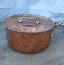 Vintage French Copper Saucepan Tin Lined Brass Handle made in France picture