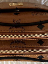 MCM Brown Monogram Pebbled Crossbody Bag Gold Hardware Zip Adjustable Strap picture