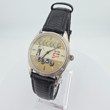 Vtg 1990s FOSSIL Watch Bowling Collector Retro Black Leather Band Silver 8.5