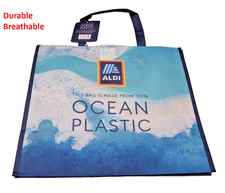 ALDI Reusable Shopping Bag Tote - 100% Ocean Plastic- 16x14“- Blue New Large 1PC picture
