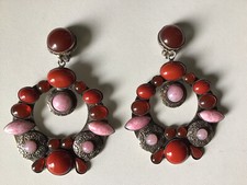 Vtg Mara Kibian Runway Statement Clip On Earrings Silver Pink Red Cabochon picture