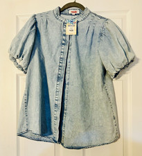 Mazik Women’s Blue Denim Puff Sleeve Button Front Blouse Top Size M picture