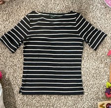 Lauren Ralph Lauren Striped Boat Neck Shirt Size L Black White picture