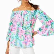 Lilly Pulitzer Top M Maryellen Off The Shoulder Smocked Resort Cockatoo Pink picture