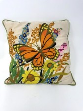 Vintage MCM 70s Style Crewel Embroidery Needlepoint Pillow Butterflies 12