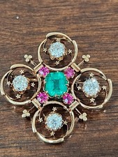 Victorian Era Pendant Brooch Pin 14K Gold Emerald Rubies old mine cut Diamonds picture